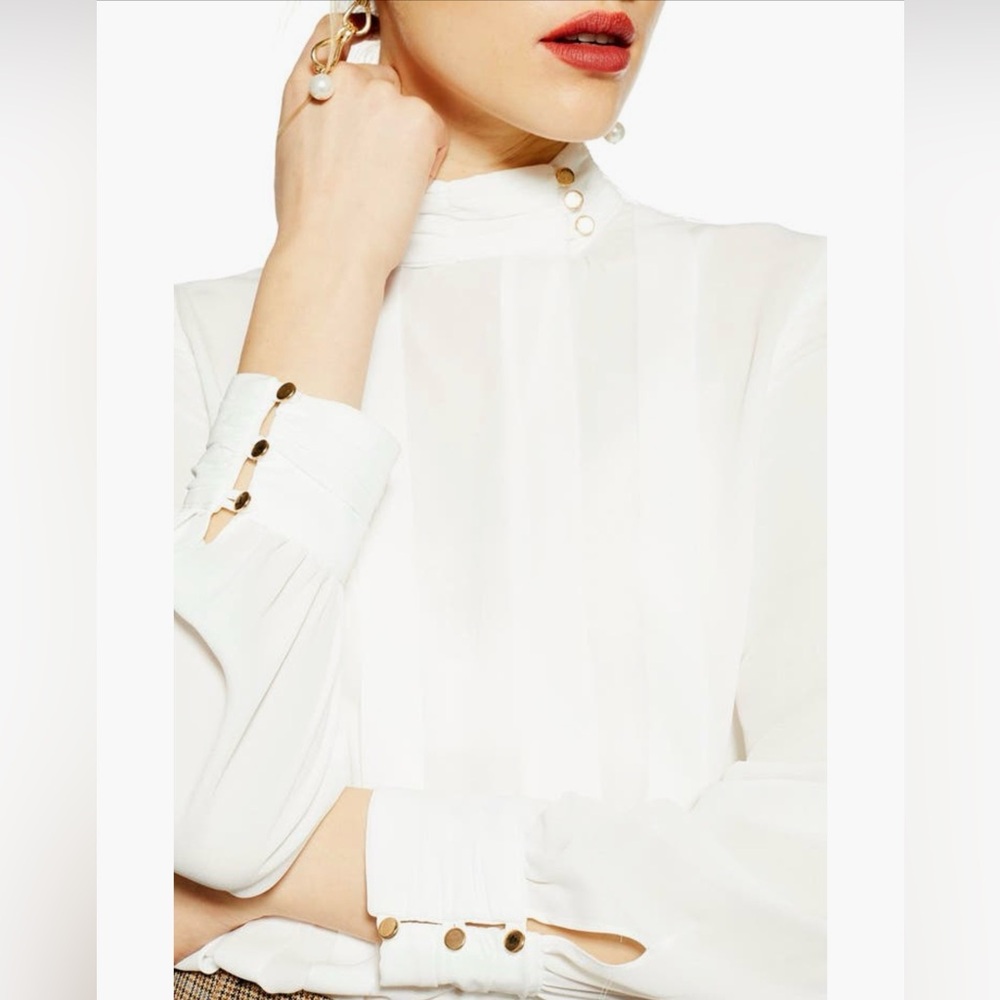 Topshop Ivory Pleat Button Neck Long Sleeve Blouse
